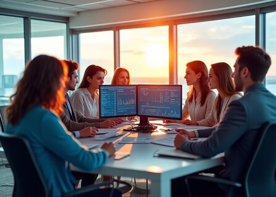Professionals analyzing data on screens in an office